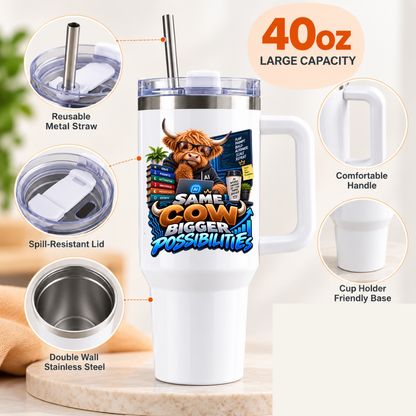 Funny Tech Travel Tumbler "Same Cow Bigger Possibilities" Graphic 40oz Stainless Steel Insulated Travel Mug with Handle & Straw – Highland Cow in Glasses with Laptop, Coffee & Stacked Books Gift for Office | Fast Dispatch by UK Seller (T3058)
