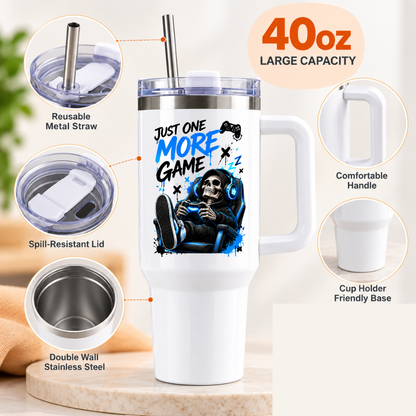 Funny Gaming Travel Tumbler "Just One More Game" Graphic 40oz Stainless Steel Insulated Travel Mug with Handle & Straw – Gamer Skeleton in Gaming Chair with Headset & Controller Novelty Gift | Fast Dispatch by UK Seller (T3064)