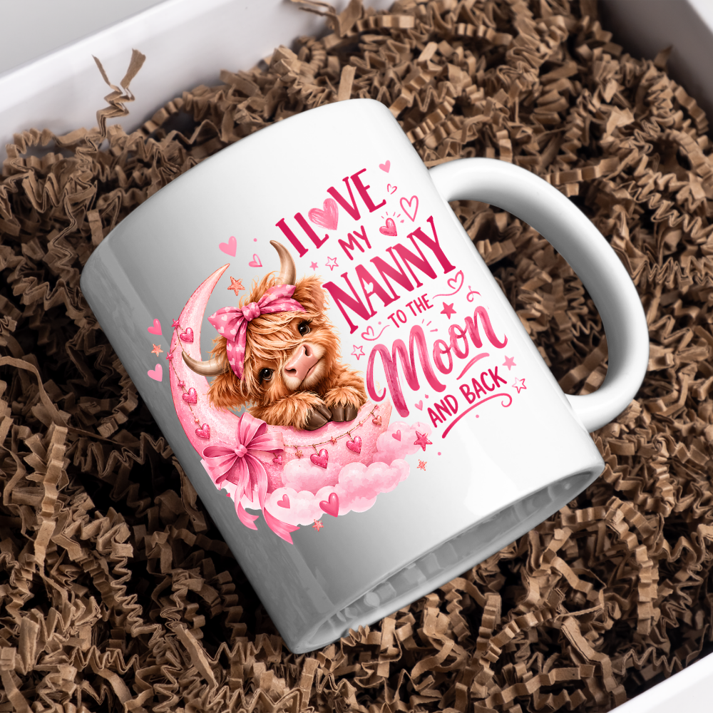 Cute Highland Cow Mug "I Love My Nanny To The Moon And Back" I Love My Nanny To The Moon And Back 325ml Ceramic Coffee Mug – Adorable Baby Highland Cow on Pink Moon with Bow & Hearts | Sentimental Nanny Gift | Fast Dispatch by UK Seller (M3457)