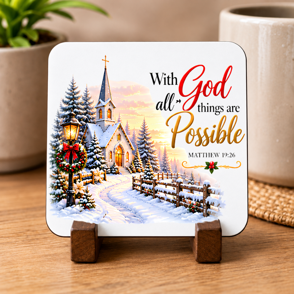 Inspirational Religious Hardboard Coaster "With God All Things Are Possible" Graphic 9cm x 9cm Square Drinks Coaster "Snowy Winter Church Village with Illuminated Lantern & Sunset Novelty Mat | Christian Glossy Gift | Fast Dispatch by UK Seller (C3037)