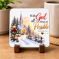 Inspirational Religious Hardboard Coaster "With God All Things Are Possible" Graphic 9cm x 9cm Square Drinks Coaster "Snowy Winter Church Village with Illuminated Lantern & Sunset Novelty Mat | Christian Glossy Gift | Fast Dispatch by UK Seller (C3037)
