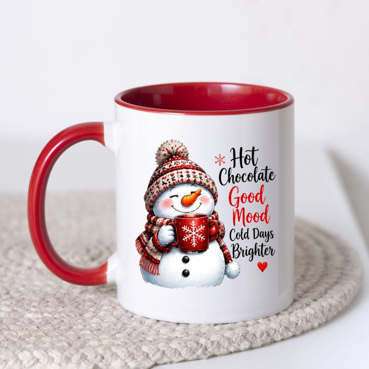 Cozy Mug "Hot Chocolate Good Mood Cold Days Brighter" Snowman 325ml Ceramic Coffee Mug – Cute Winter Holiday Tea Cup with Beanie & Hot Cocoa Gift | Available in Multicolours | Fast Dispatch by UK Seller (M1247)