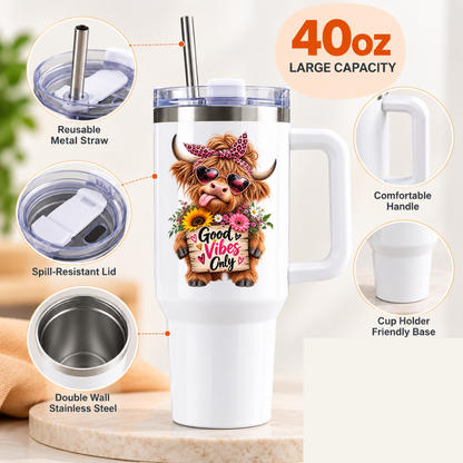 Sassy Highland Cow Travel Tumbler "Good Vibes Only" Graphic 40oz Stainless Steel Insulated Travel Mug with Handle & Straw – Cheeky Cow in Pink Leopard Bow, Heart Sunglasses, Flowers & Wooden Sign Novelty Travel Cup | Fast Dispatch by UK Seller (T3039)