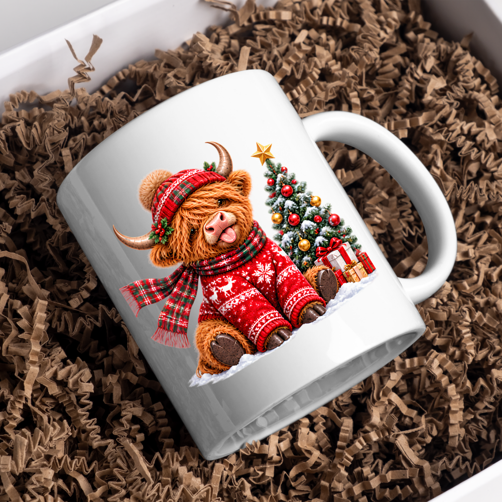 Christmas Mug "Festive Christmas Jumper Highland Cow" Christmas Jumper Highland Cow 325ml Ceramic Coffee Mug – Cute Winter Tea Cup with Christmas Tree Present Graphic Gift | Available in Multicolours | Fast Dispatch by UK Seller (M3172)