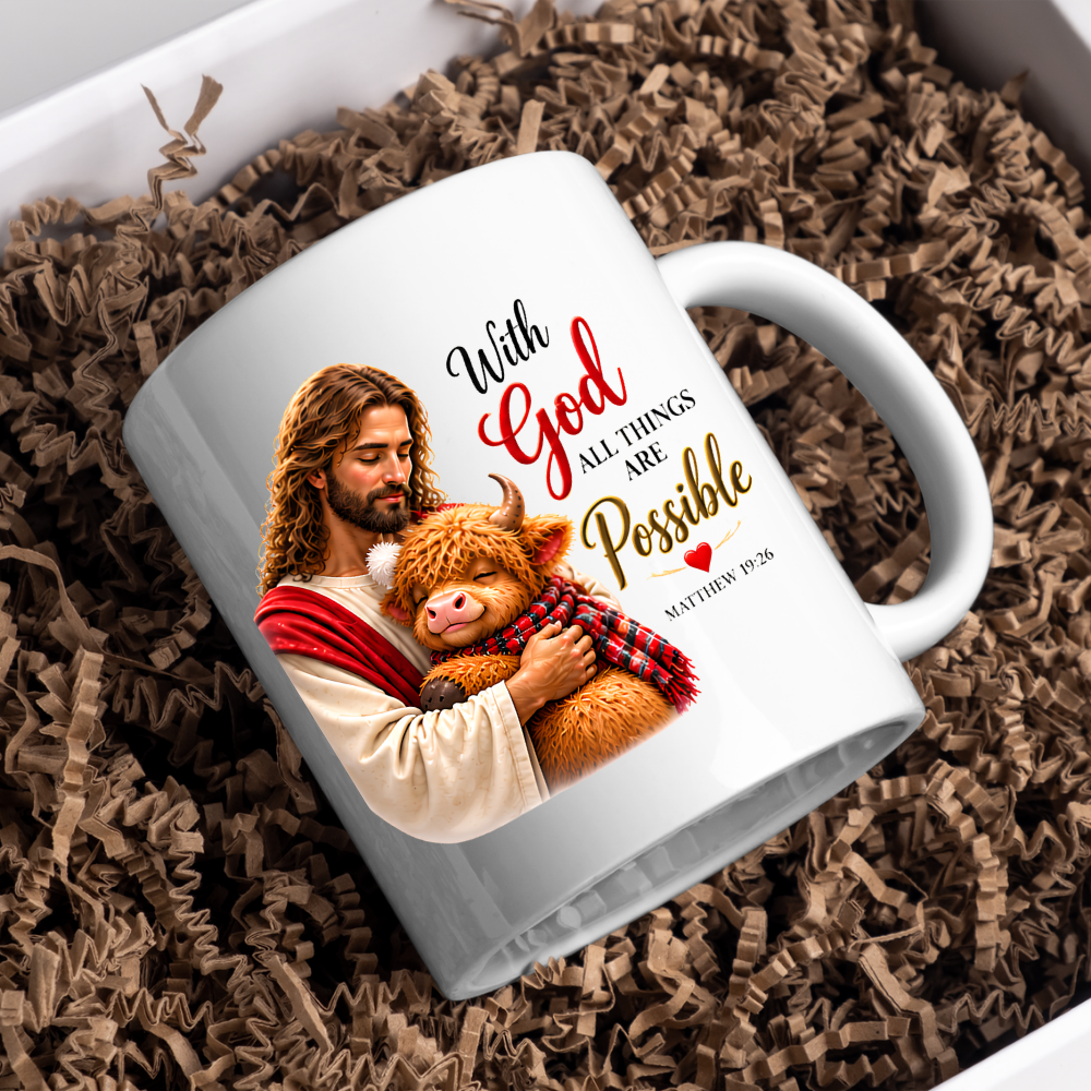 Religious Christmas Mug "With God All Things Are Possible" Highland Cow With God All Things Are Possible 325ml Ceramic Coffee Mug – Christian Jesus Hugging Highland Cow Scripture Mug with Matthew 19:26 | Religious Gift | Fast Dispatch by UK Seller (M3353)