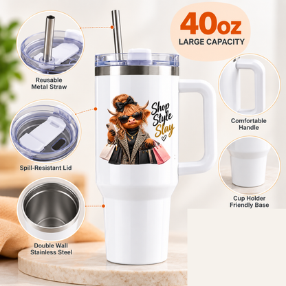 Sassy Highland Cow Travel Tumbler "Shop Style Slay" Graphic 40oz Stainless Steel Insulated Travel Mug with Handle & Straw – Fashion Cow in Plaid Coat, Sunglasses, Bow & Shopping Bags Novelty Travel Cup | Fast Dispatch by UK Seller (T3025)