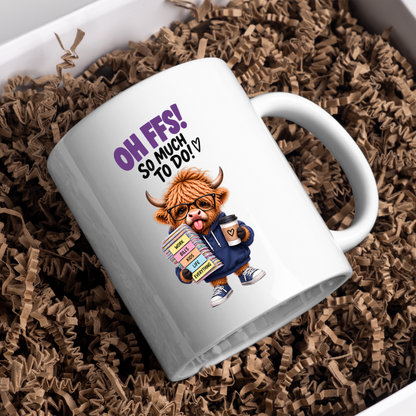Highland Cow To-Do List Mug "Oh FFS! So Much To Do!" Oh FFS! So Much To Do! 325ml Ceramic Coffee Mug – Cute Highland Cow in Glasses & Hoodie carrying Paper Stack & Coffee Cup | Funny Work Gift | Fast Dispatch by UK Seller (M3387)