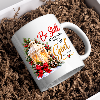 Religious Christmas Mug "Be Still And Know That I Am God" Be Still And Know That I Am God 325ml Ceramic Coffee Mug – Christian Scripture Mug with Psalm 46:10, Lantern & Pinecones | Religious Holiday Gift | Fast Dispatch by UK Seller (M3339)