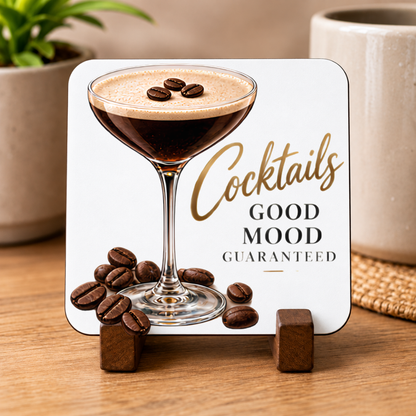 Stylish Espresso Martini Hardboard Coaster "Cocktails Good Mood Guaranteed" Graphic 9cm x 9cm Square Drinks Coaster – Espresso Martini Coupe Glass with Coffee Beans Novelty Mat | Elegant Glossy Gift for Cocktail Lovers | Fast Dispatch by UK Seller (C3011)