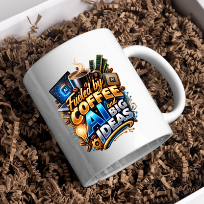 Tech Mug "Fueled By Coffee AI And Big Ideas" Fueled By Coffee AI And Big Ideas 325ml Ceramic Coffee Mug – Tech Programmer Mug with Laptop, CPU Chip & RAM | Gift for Developers & IT Specialists | Fast Dispatch by UK Seller (M3325)
