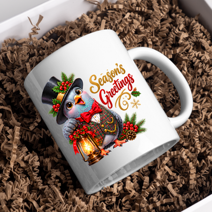 Holiday Mug "Season's Greetings Gentleman Bird" 325ml Ceramic Coffee Mug – Dapper Victorian Christmas Bird in Top Hat & Plaid Vest Holding Vintage Lantern Festive Holiday Gift | Available in Multicolours | Fast Dispatch by UK Seller (M3267)