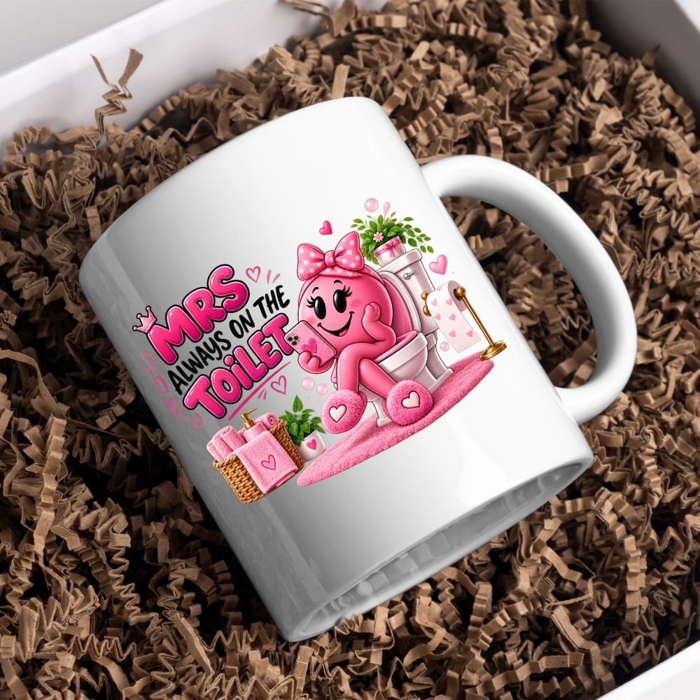 Funny Mug "Mrs Always On The Toilet" Pink Phone Addict Bathroom Humour Ceramic Coffee Cup 350ml, Cute Novelty Gift for Wife Girlfriend Mum Sister Best Friend, Birthday Christmas Secret Santa Mothers Day Gag Present | Fast Dispatch by UK Seller (M1021)