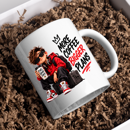 Motivational Mug "More Coffee Bigger Plans" 325ml Ceramic Coffee Tea Cup – Cool Boy Graphic, Red Hoodie, Sunglasses & Slogan Novelty Gift for Coffee Lovers, Teens, Birthday – Fast Dispatch by UK Seller (M3499)