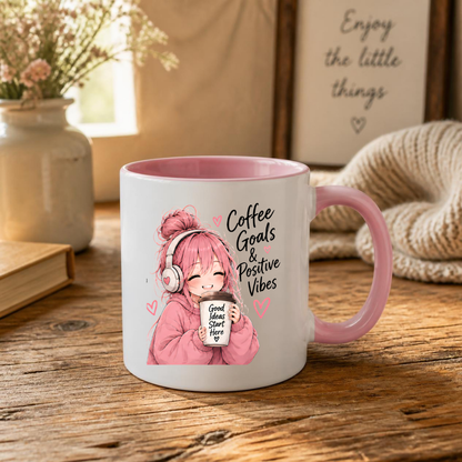 Inspirational Anime Mug "Coffee Goals & Positive Vibes" Cute Pink Hair Girl 325ml Ceramic Coffee Mug Aesthetic Work & Study Tea Cup with Headphones & Coffee Cup Graphic Gift | Available in Multicolours | Fast Dispatch by UK Seller (M3026)