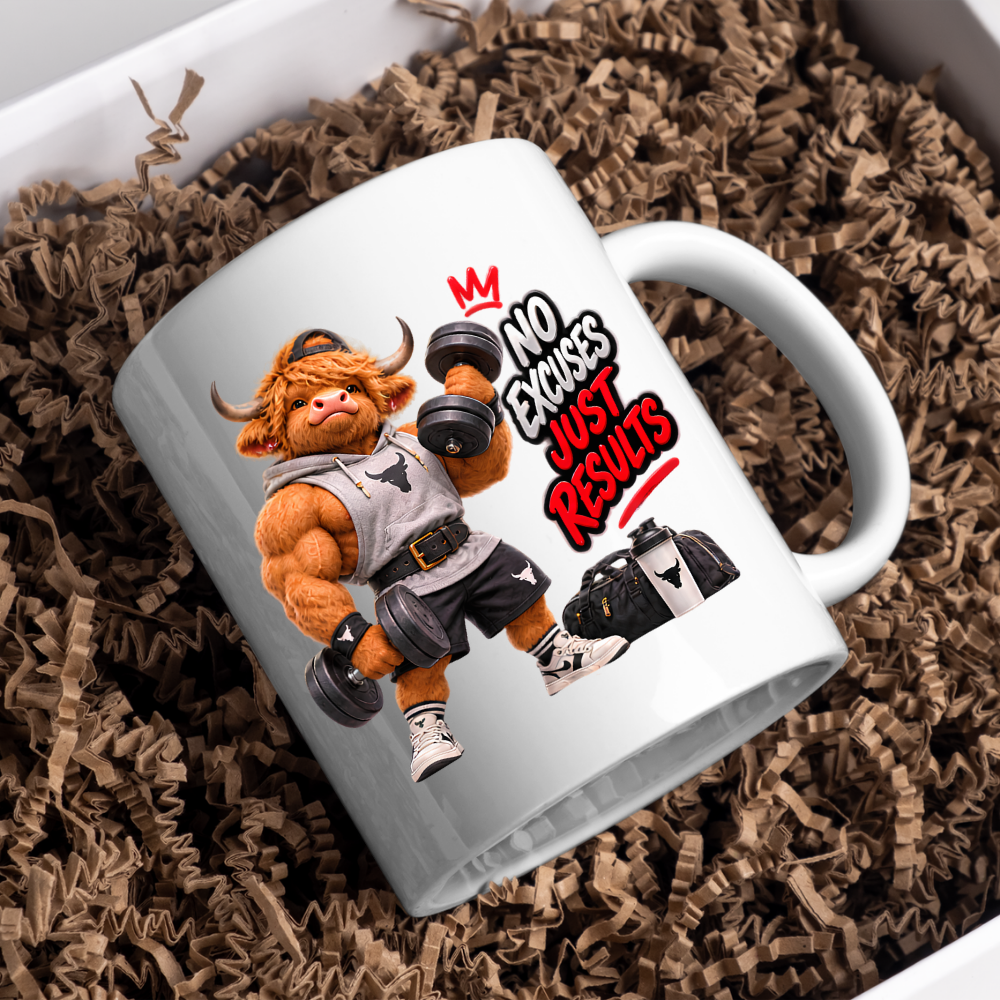 Gym Mug "No Excuses Just Results Muscular Highland Cow" No Excuses Just Results 325ml Ceramic Coffee Mug – Muscular Highland Cow Lifting Dumbbells In Hoodie Lifting Belt Gym Fitness Gift | Available in Multicolours | Fast Dispatch by UK Seller (M3273)