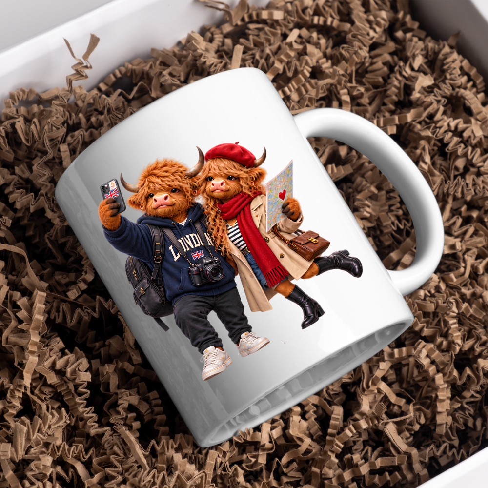 Fashion Mug "London Tourist Highland Cow Couple" London Tourist Highland Cow Couple 325ml Ceramic Coffee Mug – Trendy Sightseeing Tea Cup With Smartphone Selfie Map Hoodie Graphic Gift | Available in Multicolours | Fast Dispatch by UK Seller (M3190)