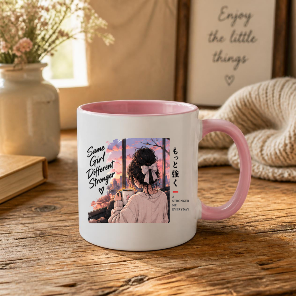 Inspirational Anime Girl Mug "Same Girl Different Stronger" Sunset Window 325ml Ceramic Coffee Mug – Aesthetic Mindful Tea Cup with Japanese Kanji Graphic Gift | Available in Multicolours | Fast Dispatch by UK Seller (M3034)