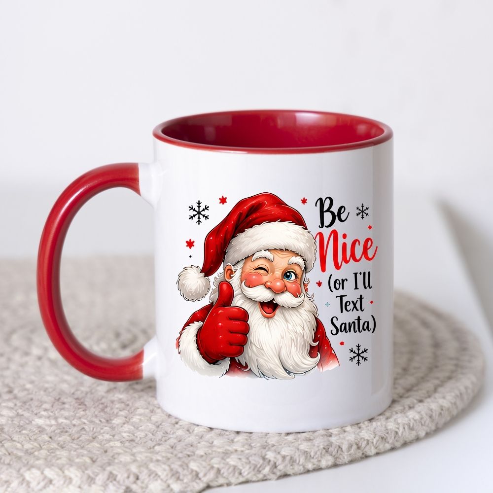 Humorous Mug "Be Nice (or I'll Text Santa)" Winking Santa 325ml Ceramic Coffee Mug – Funny Winter Holiday Tea Cup with Thumbs Up & Snowflakes | Available in Multicolours | Fast Dispatch by UK Seller (M1272)