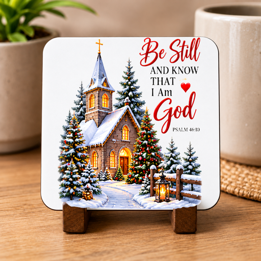 Inspirational Religious Hardboard Coaster "Be Still And Know That I Am God" Graphic 9cm x 9cm Square Drinks Coaster “ Snowy Winter Church Ch