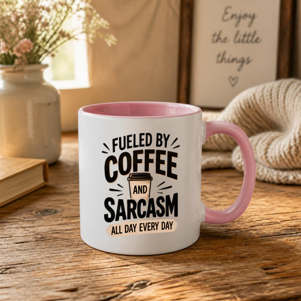 Funny Typography Mug "FUELED BY Coffee And Sarcasm All Day Every Day" 325ml Ceramic Coffee Mug – Sarcastic Work Cup & Humorous Quote Graphic Gift | Available in Multicolours | Fast Dispatch by UK Seller (M3054)