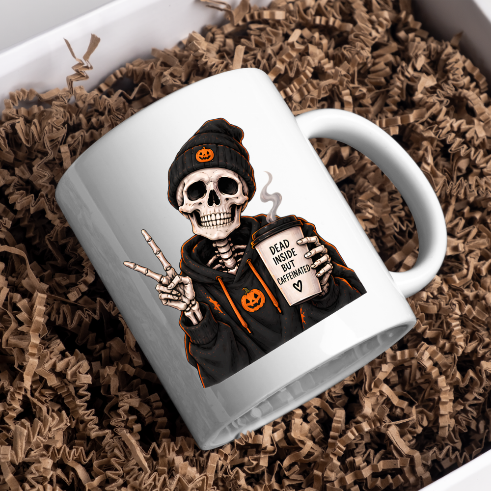 Halloween Mug "Skeleton Dead Inside But Caffeinated" Skeleton Dead Inside But Caffeinated 325ml Ceramic Coffee Mug – Funny Halloween Autumn Tea Cup Skeleton Black Hoodie Cup Graphic Gift | Available in Multicolours | Fast Dispatch by UK Seller (M3224)