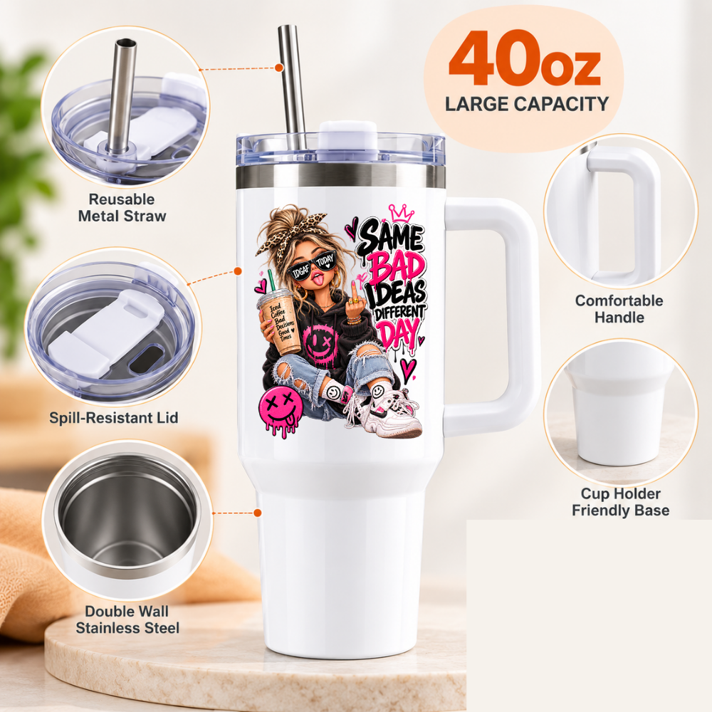 Funny Sassy Travel Tumbler "Same Bad Ideas Different Day" Graphic 40oz Stainless Steel Insulated Travel Mug with Handle & Straw â€“ Trendy Girl with Glasses, Iced Coffee & Smiley Graffiti Novelty Travel Cup | Fast Dispatch by UK Seller (T3006)