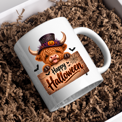 Halloween Mug "Top Hat Wooden Sign Happy Halloween" Top Hat Highland Cow 325ml Ceramic Coffee Mug – Cute Halloween Wooden Sign Tea Cup with Spider Web Graphic Gift | Available in Multicolours | Fast Dispatch by UK Seller (M3166)