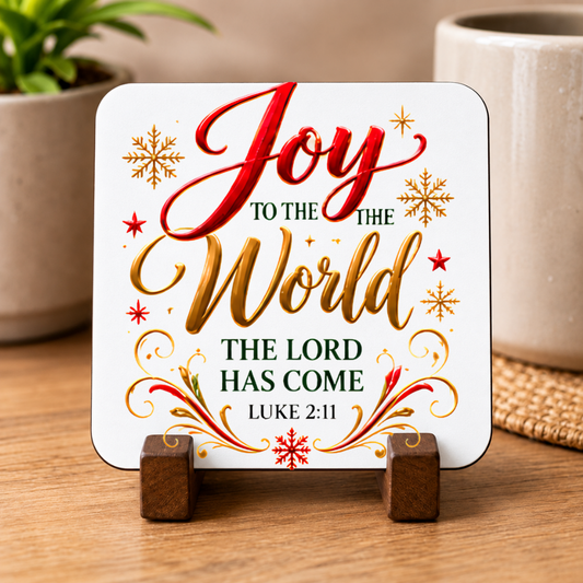 Festive Christian Christmas Coaster "Joy to the World The Lord Has Come Luke 2:11" Graphic Glossy Hardboard 9x9cm Drinks Mat – Red & Golden Script Bible Verse Holiday Tableware Gift | Fast Dispatch by UK Seller (C3057)