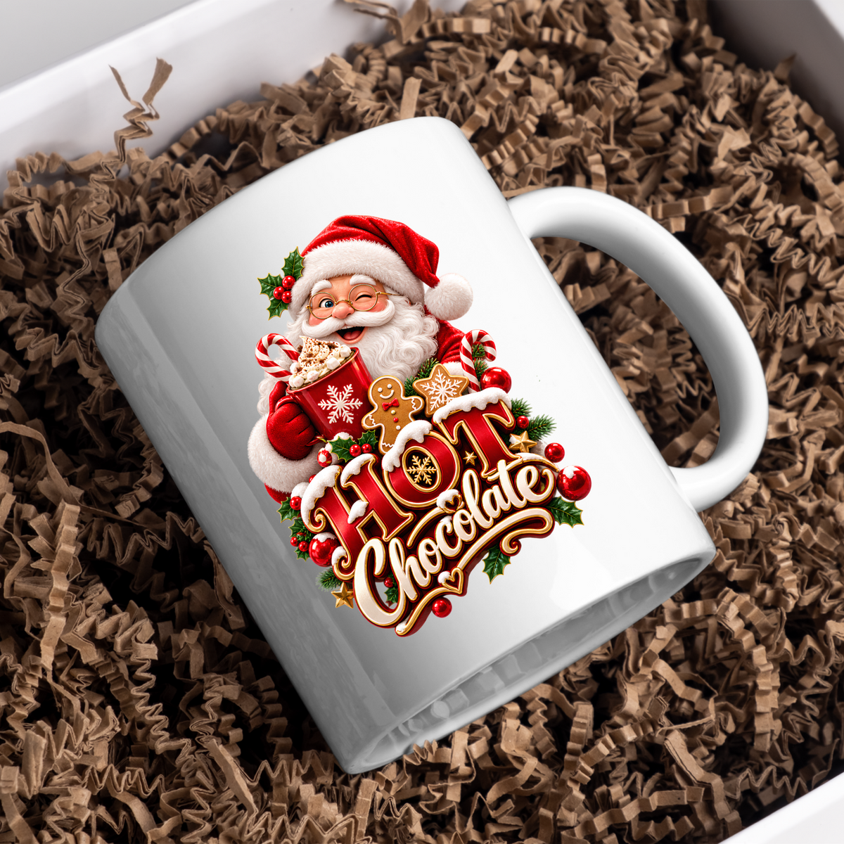 Christmas Mug "Hot Chocolate" Santa Claus Hot Chocolate 325ml Ceramic Coffee Mug – Jolly Winking Santa Holding Cocoa with Gingerbread Man, Candy Cane & Gold Typography | Festive Holiday Gift | Fast Dispatch by UK Seller (M3361)