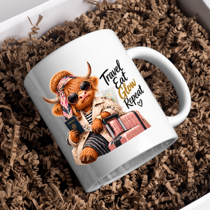 Travel Mug "Travel Eat Glow Repeat Highland Cow" Travel Eat Glow Repeat 325ml Ceramic Coffee Mug – Chic Highland Cow with Passport, Pink Suitcase Trench Coat Wanderlust Holiday Gift | Available in Multicolours | Fast Dispatch by UK Seller (M3279)