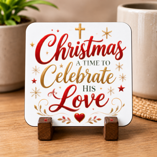 Inspirational Religious Hardboard Coaster "Christmas A Time To Celebrate His Love" Graphic 9cm x 9cm Square Drinks Coaster “ Gold Cross & Cu