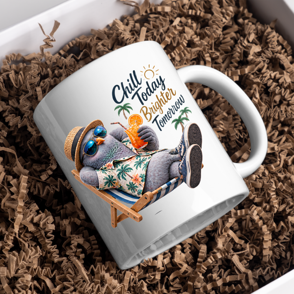 Summer Mug "Chill Today Brighter Tomorrow Cool Pigeon" 325ml Ceramic Coffee Mug – Relaxing Pigeon in Hawaiian Shirt Straw Hat Sunglasses Summer Mug Gift For Friends Vacation Lovers | Available in Multicolours | Fast Dispatch by UK Seller (M3236)