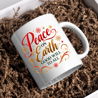 Christmas Mug "Peace On Earth Good Will To All" 325ml Ceramic Coffee Mug – Festive Christmas Blessing Mug With Gold Snowflakes Red Calligraphy Religious Holiday Gift | Available in Multicolours | Fast Dispatch by UK Seller (M3293)