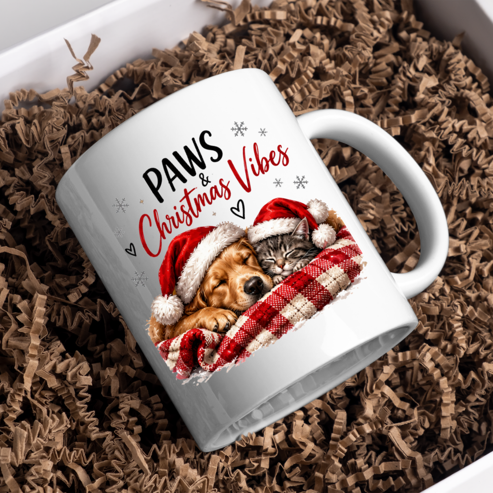 Christmas Dog & Cat Mug "Paws & Christmas Vibes" Paws & Christmas Vibes 325ml Ceramic Coffee Mug – Cute Sleeping Golden Retriever & Tabby Cat in Santa Hats on Plaid Blanket | Festive Holiday Gift | Fast Dispatch by UK Seller (M3405)