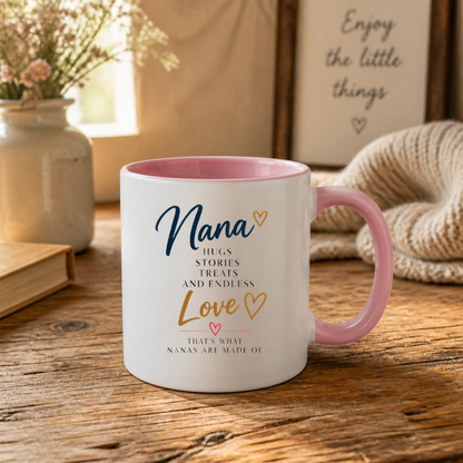 Family Mug "Nana HUGS STORIES TREATS AND ENDLESS Love THAT'S WHAT NANAS ARE MADE OF" Sweet Grandma 325ml Ceramic Coffee Mug Heartwarming Nana Tea Cup with Gold Hearts Graphic Gift | Available in Multicolours | Fast Dispatch by UK Seller (M3020)