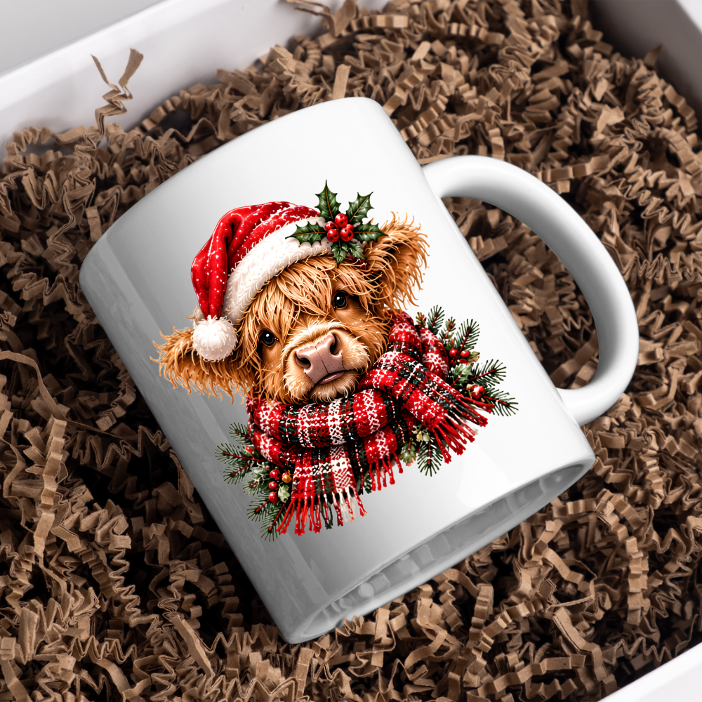 Christmas Santa Hat Highland Cow Mug Cute Christmas Highland Cow in Santa Hat 325ml Ceramic Coffee Mug – Fluffy Scottish Calf wearing Red Santa Hat & Cozy Scarf | Festive Winter Gift | Fast Dispatch by UK Seller (M3430)