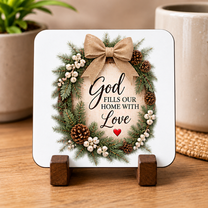 Inspirational Religious Hardboard Coaster "God Fills Our Home With Love" Graphic 9cm x 9cm Square Drinks Coaster “Rustic Pine Wreath with Hessian Bow, White Berries & Pinecones Novelty Mat | Christian Glossy Gift | Fast Dispatch by UK Seller (C3049)