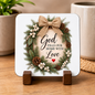 Inspirational Religious Hardboard Coaster "God Fills Our Home With Love" Graphic 9cm x 9cm Square Drinks Coaster “Rustic Pine Wreath with Hessian Bow, White Berries & Pinecones Novelty Mat | Christian Glossy Gift | Fast Dispatch by UK Seller (C3049)