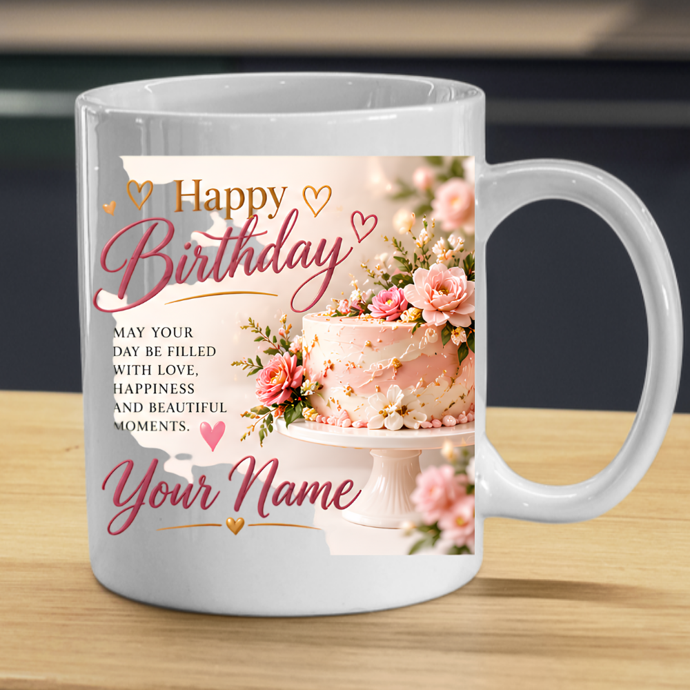 Personalised Birthday Mug "Happy Birthday" 325ml Ceramic Coffee Tea Cup – Pink Frosted Cake, Floral Decor, Custom Name & Love Wish Slogan Novelty Gift for Women, Bestie, Birthday – Fast Dispatch by UK Seller (M3512)