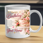 Personalised Birthday Mug "Happy Birthday" 325ml Ceramic Coffee Tea Cup – Pink Frosted Cake, Floral Decor, Custom Name & Love Wish Slogan Novelty Gift for Women, Bestie, Birthday – Fast Dispatch by UK Seller (M3512)
