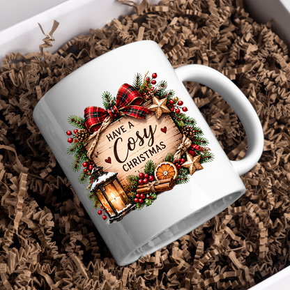 Rustic Wood Sign Christmas Mug "Have A Cosy Christmas" Have A Cosy Christmas 325ml Ceramic Coffee Mug – Rustic Wooden Plaque with Pine Wreath, Red Tartan Bow, Glowing Lantern & Cinnamon Sticks | Festive Holiday Gift | Fast Dispatch by UK Seller (M3438)