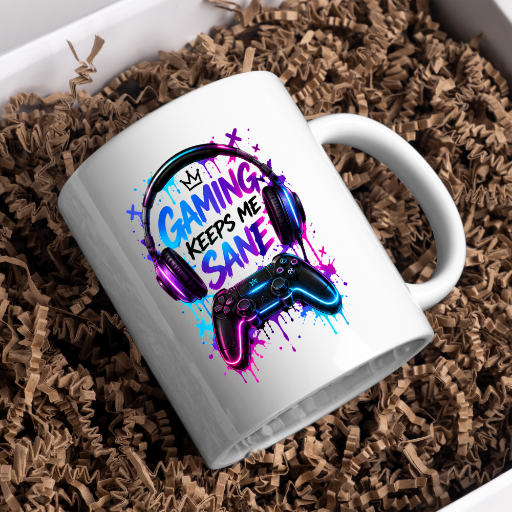 Gaming Mug "Gaming Keeps Me Sane" Gaming Keeps Me Sane 325ml Ceramic Coffee Mug – Neon Headset & Controller Mug with Blue and Pink Paint Splatter Art | Gamer Gift | Fast Dispatch by UK Seller (M3345)