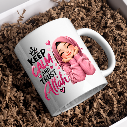 Islamic Mug "Keep Calm And Trust Allah" 325ml Ceramic Coffee Tea Cup – Pink Hijabi Girl Graphic, Hearts & Faith Slogan Novelty Gift for Muslim Women, Friends, Birthday – Fast Dispatch by UK Seller (M3505)