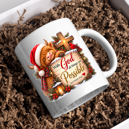 Christmas Mug "With God All Things Are Possible Highland Cow" Matthew 19:26 325ml Ceramic Coffee Mug – Festive Highland Cow Mug With Cross Cardinal Lantern Christian Holiday Gift | Available in Multicolours | Fast Dispatch by UK Seller (M3307)