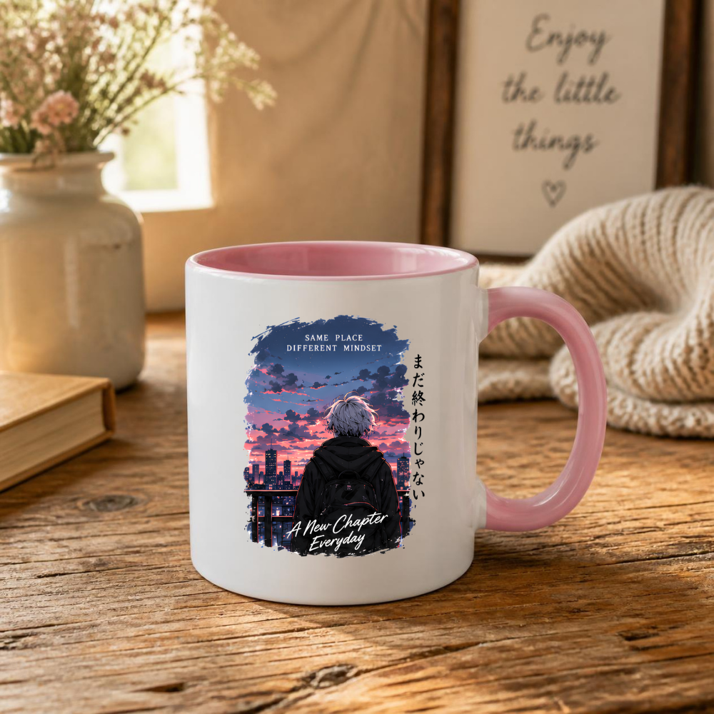 Inspirational Anime Boy Mug "SAME PLACE Different Mindset" City Sunset 325ml Ceramic Coffee Mug – Aesthetic Mindful Tea Cup with Japanese Kanji Graphic Gift | Available in Multicolours | Fast Dispatch by UK Seller (M3046)