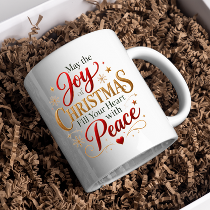 Christmas Mug "May The Joy Of Christmas Fill Your Heart With Peace" 325ml Ceramic Coffee Mug Festive Typography Mug With Gold Stars Snowflakes Holiday Gift | Available in Multicolours | Fast Dispatch by UK Seller (M3313)