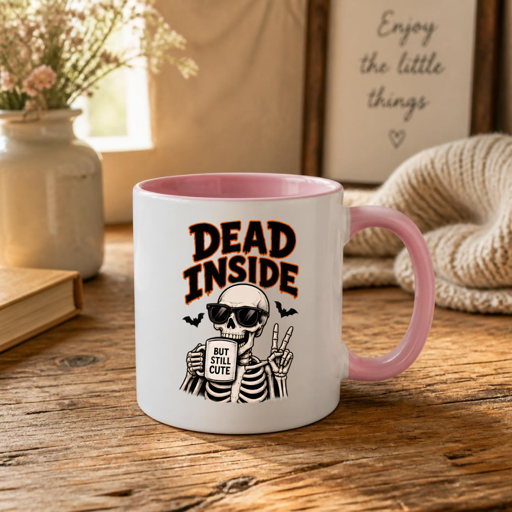 Halloween Mug "DEAD INSIDE But Still Cute" Skeleton 325ml Ceramic Coffee Mug – Cool Skeleton Tea Cup with Sunglasses & Peace Sign Graphic Gift | Available in Multicolours | Fast Dispatch by UK Seller (M3070)
