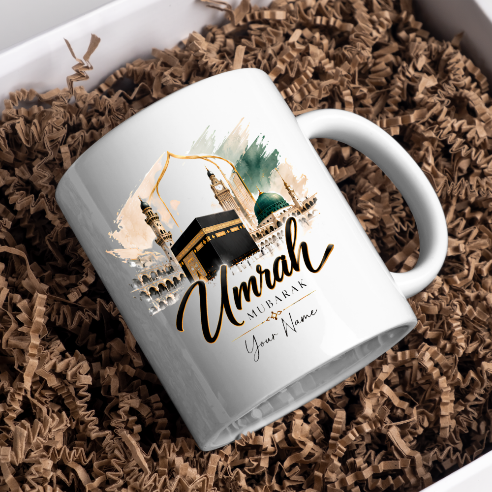 Personalised Umrah Mubarak Mug 325ml Ceramic Coffee Tea Cup – Custom Name, Holy Kaaba, Green Dome & Watercolor Architecture Religious Pilgrimage Gift for Family, Friends, Hajj Celebration – Fast Dispatch by UK Seller (M3486)
