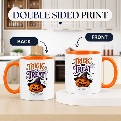 Halloween Mug "Trick Or Treat Pumpkin" Trick Or Treat Pumpkin 325ml Ceramic Coffee Mug – Funny Halloween Autumn Tea Cup with Witch Hat Jack O Lantern Spider Web Just Here For The Treats Graphic Gift | Fast Dispatch by UK Seller (M3205)