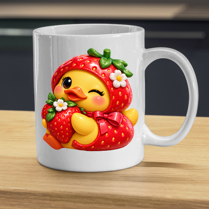 Cute Duck Mug "Winking Strawberry Duckling" Cute Winking Duckling in Strawberry Costume 325ml Ceramic Coffee Mug – Adorable Yellow Duck Hugging Fresh Strawberry Sweet Gift | Available in Multicolours | Fast Dispatch by UK Seller (M3289)